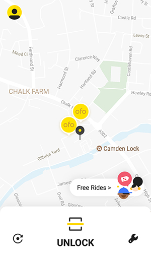 Lock your bike: a screenshot of the Ofo app in Camden