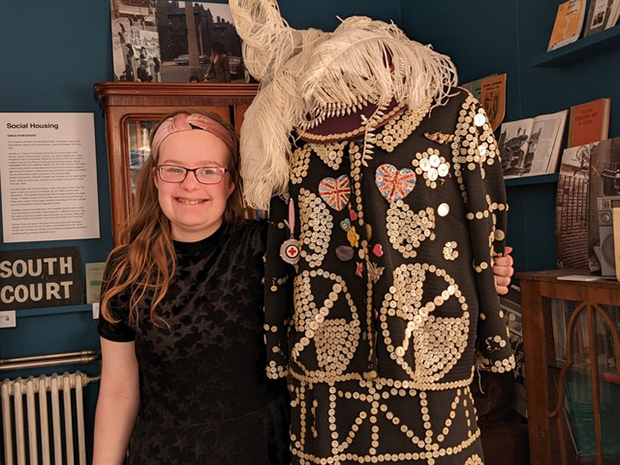 Iris Watson with Pearly Queen costume donated by Diane Gould